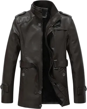 Maiyifu-GJ Men Faux Pu Leather Trench Coat Single Breasted Slim Stand Collar Jacket Lightweight Buttons Windproof Overcoat