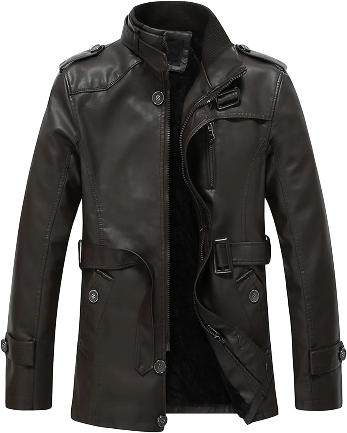 Maiyifu-GJ Men Faux Pu Leather Trench Coat Single Breasted Slim Stand Collar Jacket Lightweight Buttons Windproof Overcoat