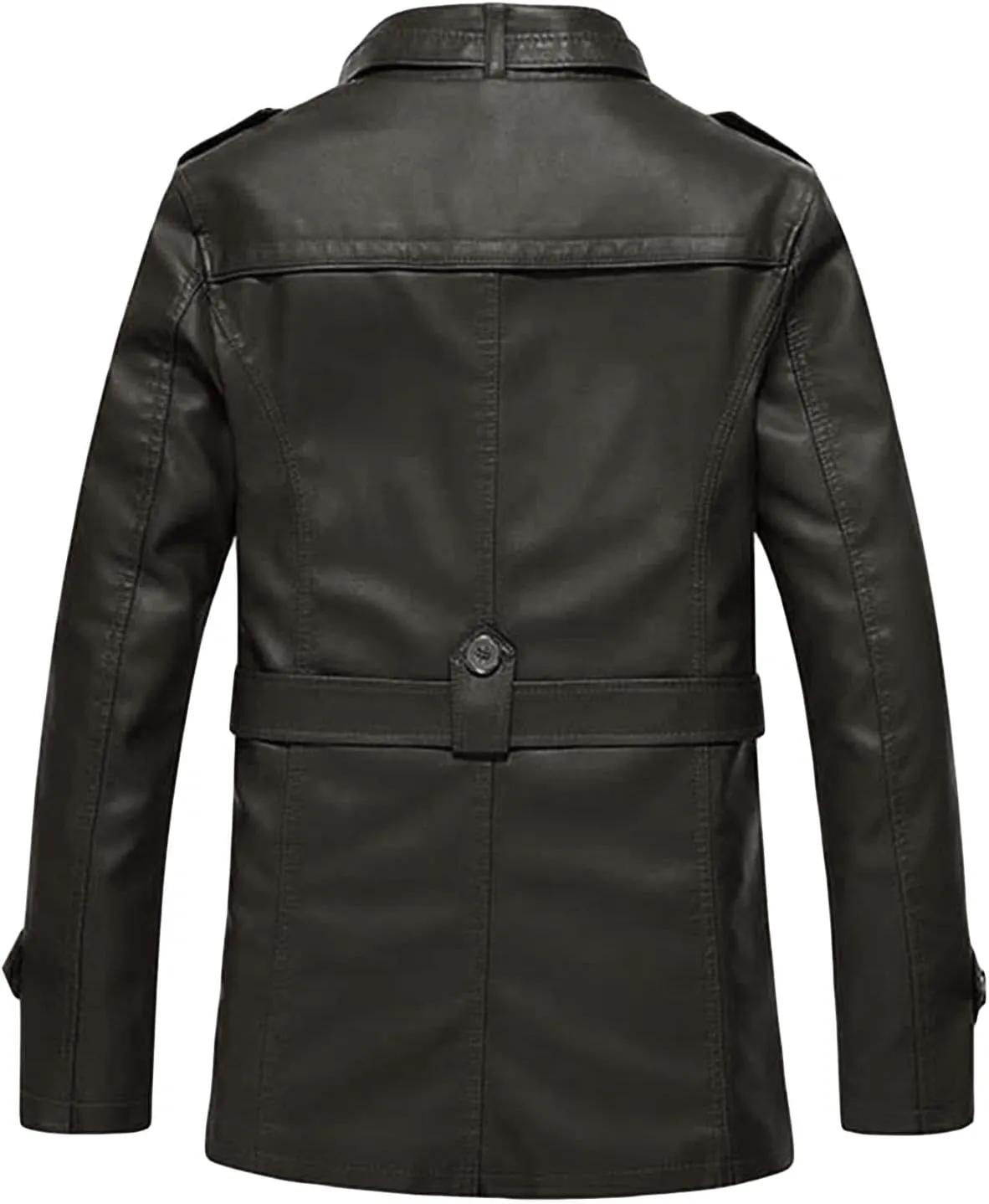 Maiyifu-GJ Men Faux Pu Leather Trench Coat Single Breasted Slim Stand Collar Jacket Lightweight Buttons Windproof Overcoat