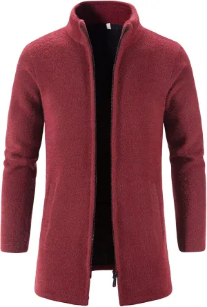 Maiyifu-GJ Men's Fleece Full Zip Trench Coat Soft Slim Fit Open Front Longline Jacket Overcoat Winter Warm Business Suit