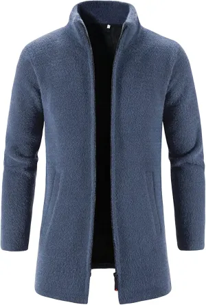 Maiyifu-GJ Men's Fleece Full Zip Trench Coat Soft Slim Fit Open Front Longline Jacket Overcoat Winter Warm Business Suit