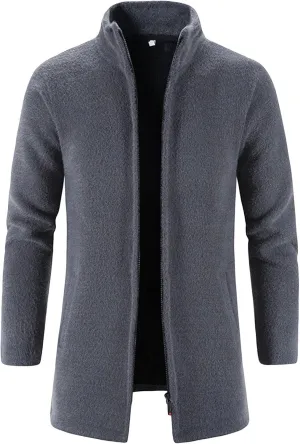 Maiyifu-GJ Men's Fleece Full Zip Trench Coat Soft Slim Fit Open Front Longline Jacket Overcoat Winter Warm Business Suit