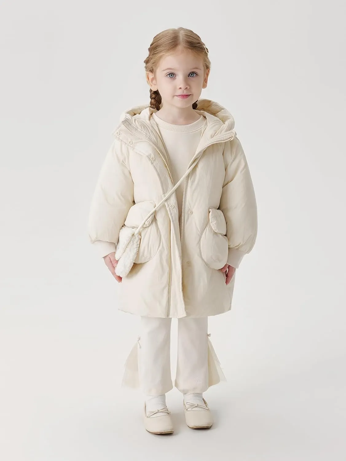 marc & janie Girls Ultralight Mid-Length Hooded Down Jacket Full Zip Coat Warm Outerwear 241611