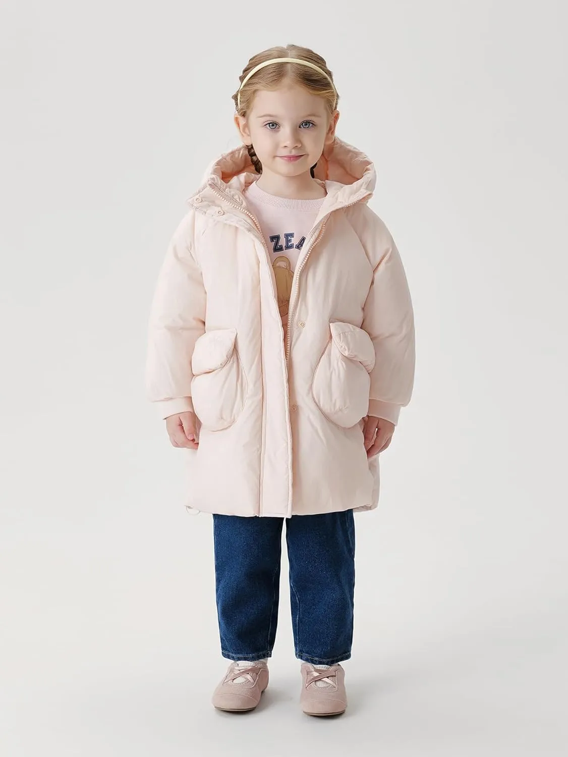 marc & janie Girls Ultralight Mid-Length Hooded Down Jacket Full Zip Coat Warm Outerwear 241611