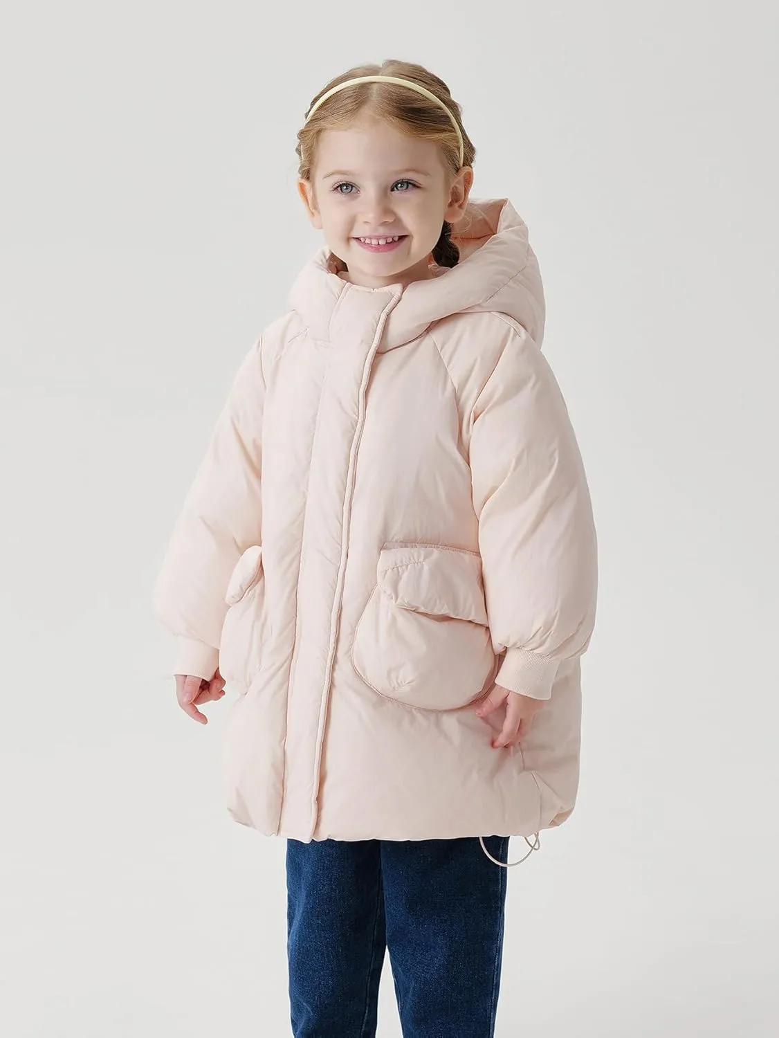 marc & janie Girls Ultralight Mid-Length Hooded Down Jacket Full Zip Coat Warm Outerwear 241611