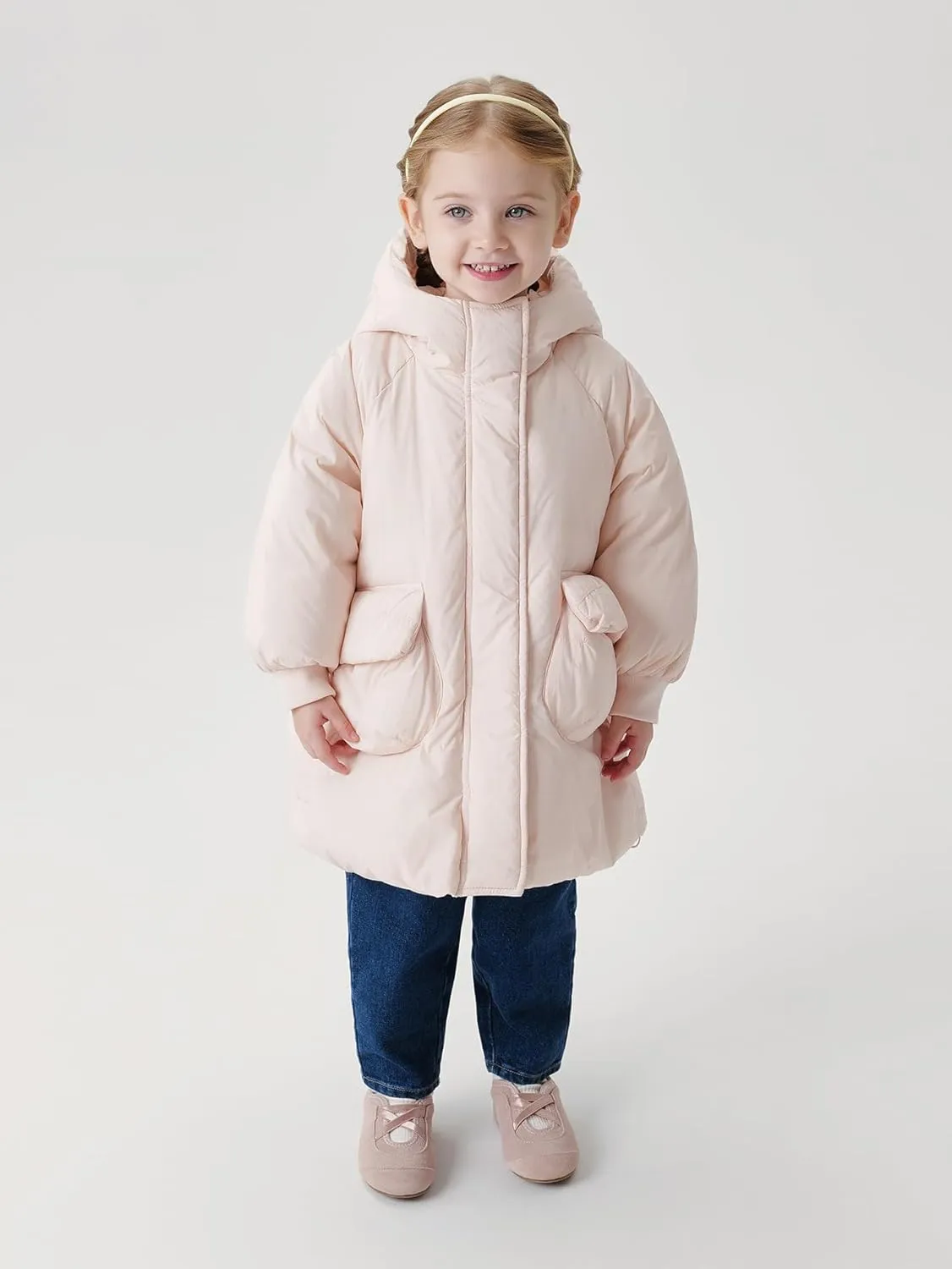 marc & janie Girls Ultralight Mid-Length Hooded Down Jacket Full Zip Coat Warm Outerwear 241611