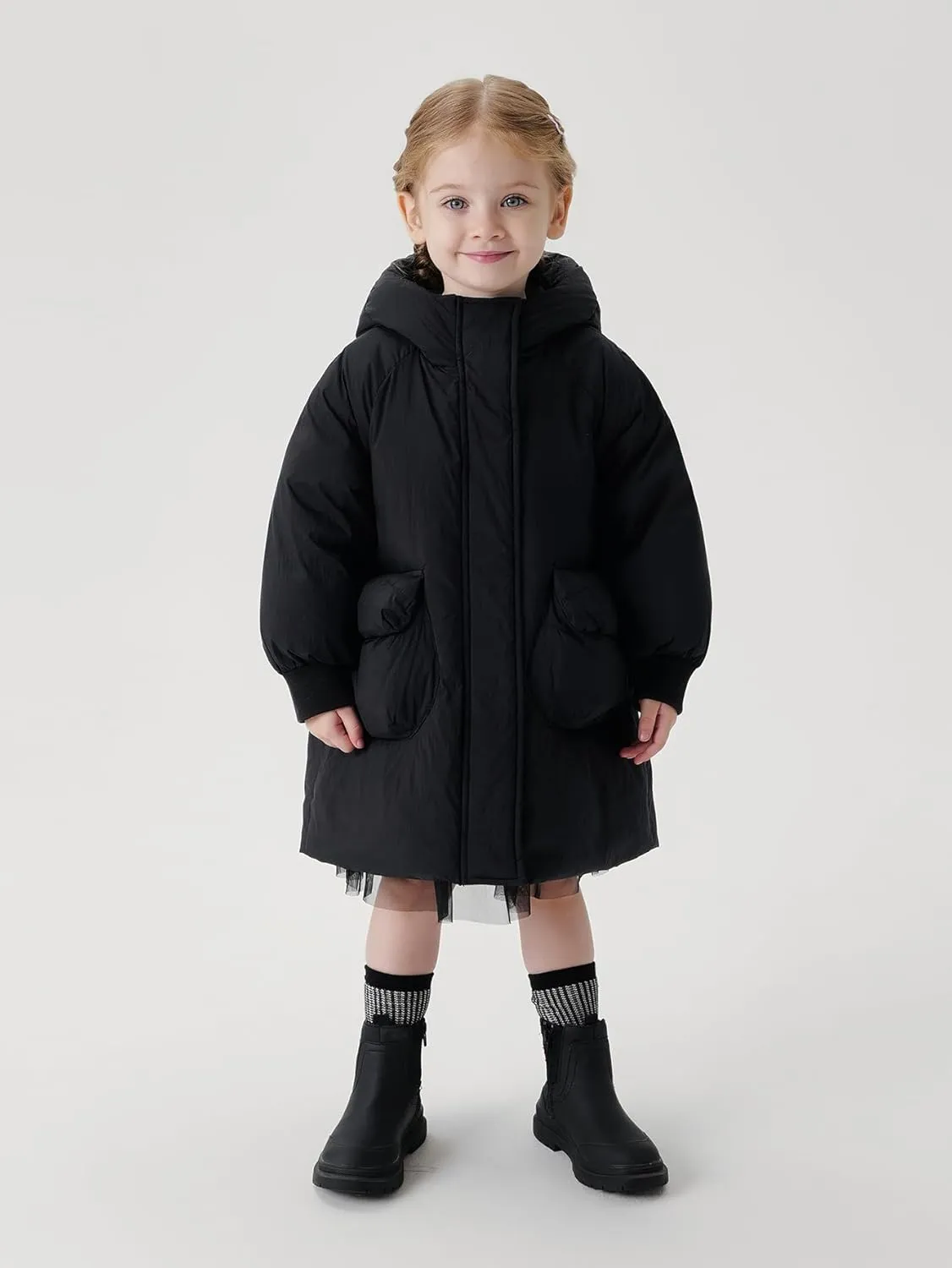marc & janie Girls Ultralight Mid-Length Hooded Down Jacket Full Zip Coat Warm Outerwear 241611
