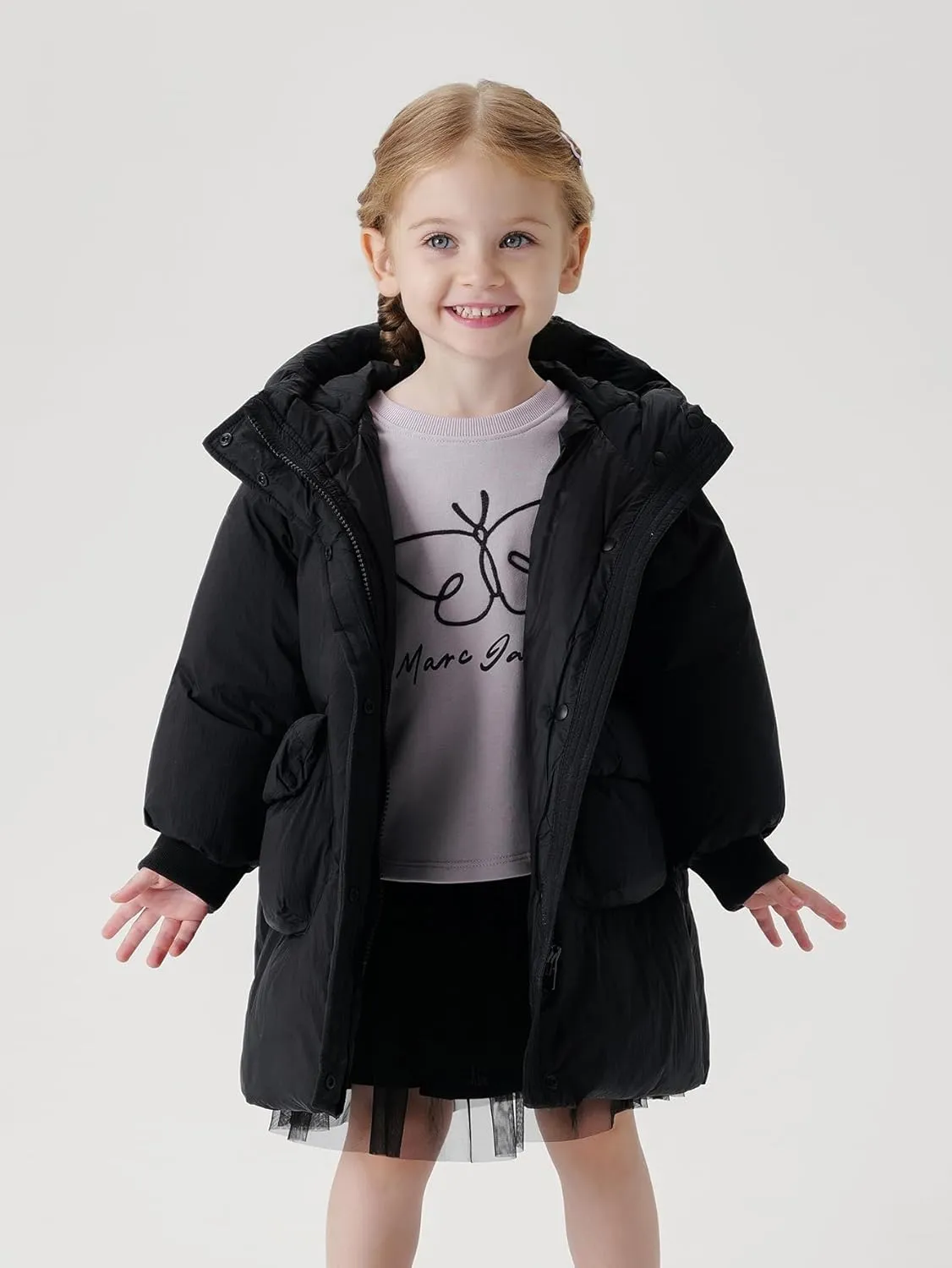 marc & janie Girls Ultralight Mid-Length Hooded Down Jacket Full Zip Coat Warm Outerwear 241611