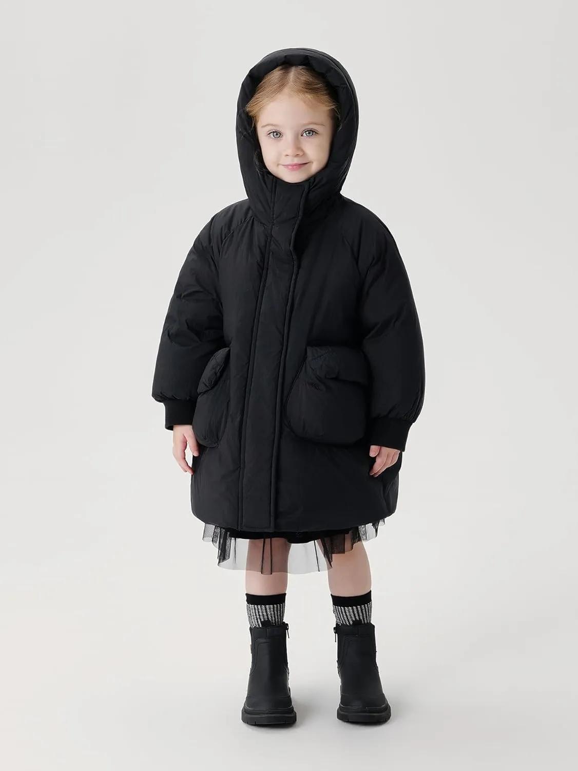 marc & janie Girls Ultralight Mid-Length Hooded Down Jacket Full Zip Coat Warm Outerwear 241611