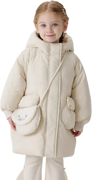 marc & janie Girls Ultralight Mid-Length Hooded Down Jacket Full Zip Coat Warm Outerwear 241611