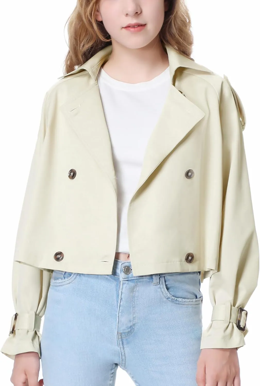 Mebius Girls Trench Coat Cropped/Long Double Breasted Lapel Jacket Long Sleeve Casual Outerwear For Kids 6-12Y