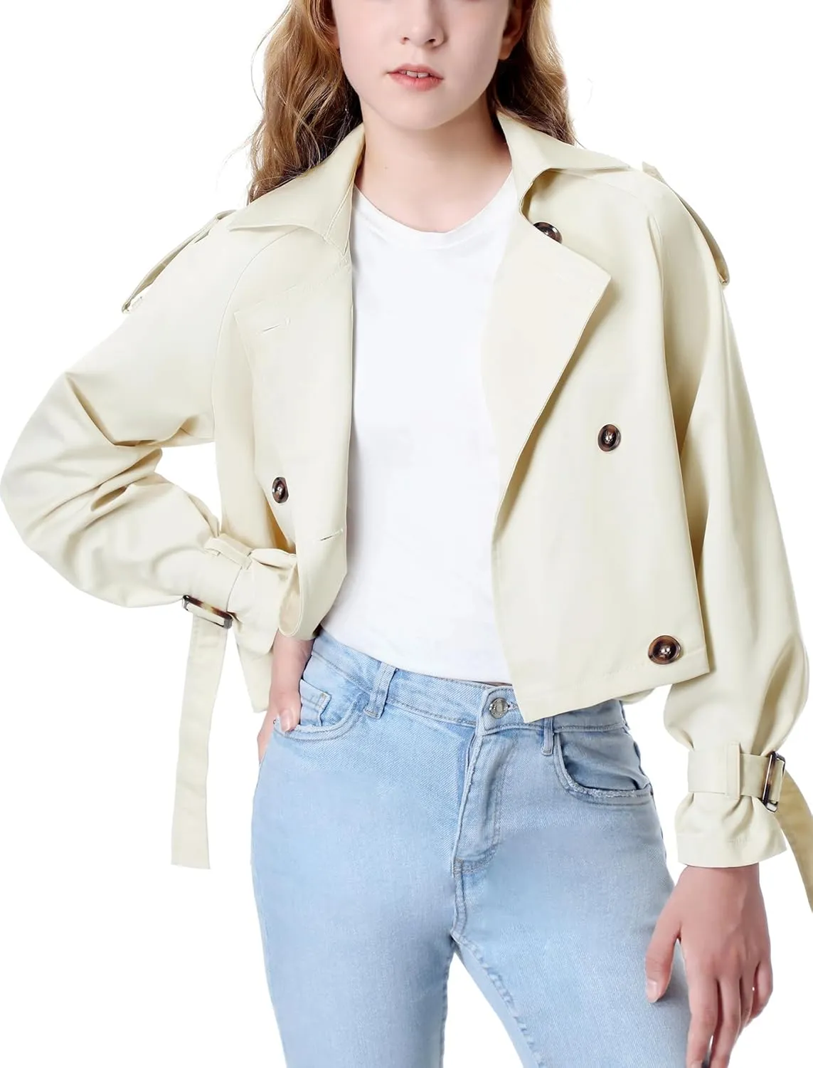 Mebius Girls Trench Coat Cropped/Long Double Breasted Lapel Jacket Long Sleeve Casual Outerwear For Kids 6-12Y