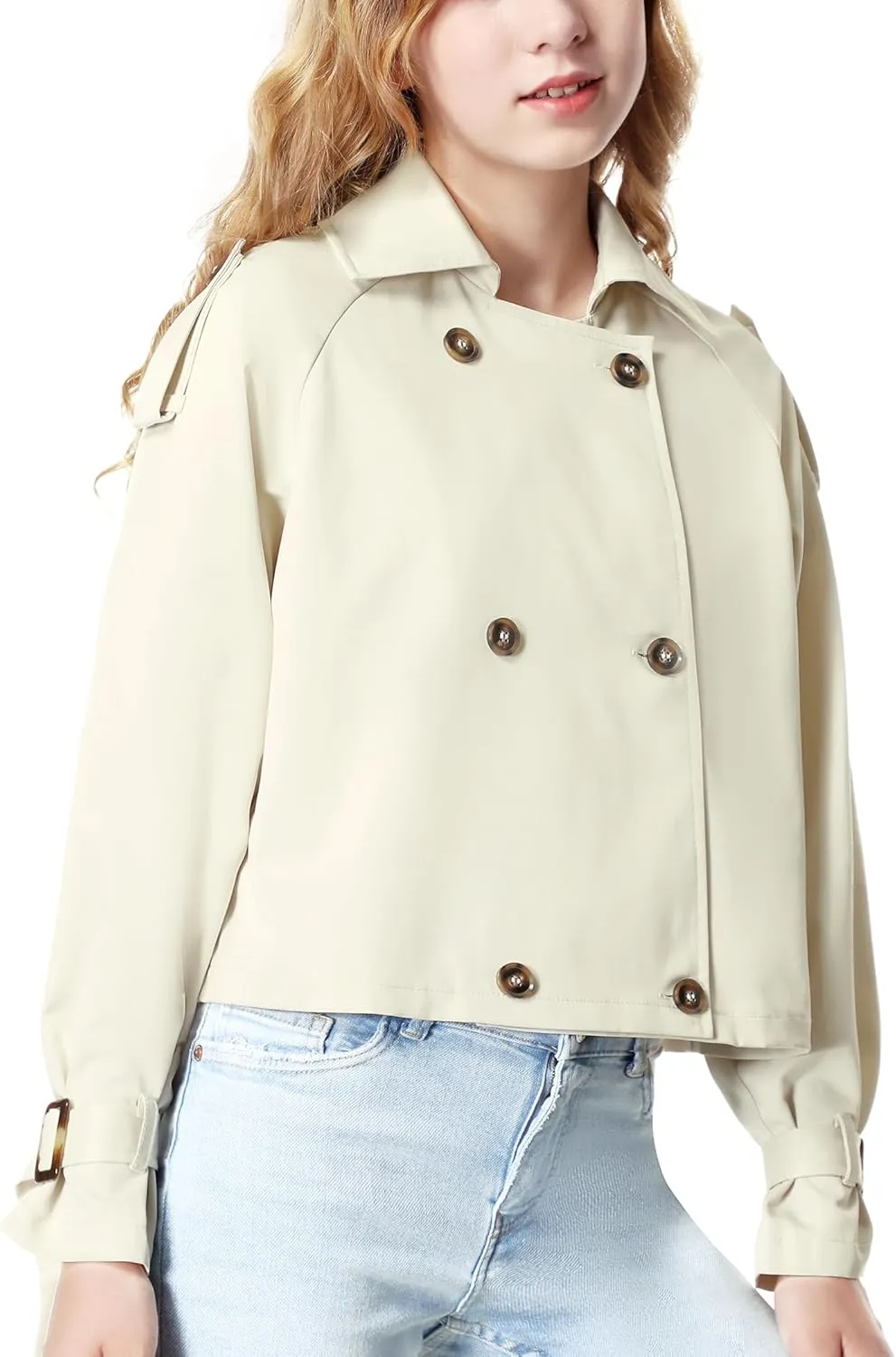 Mebius Girls Trench Coat Cropped/Long Double Breasted Lapel Jacket Long Sleeve Casual Outerwear For Kids 6-12Y