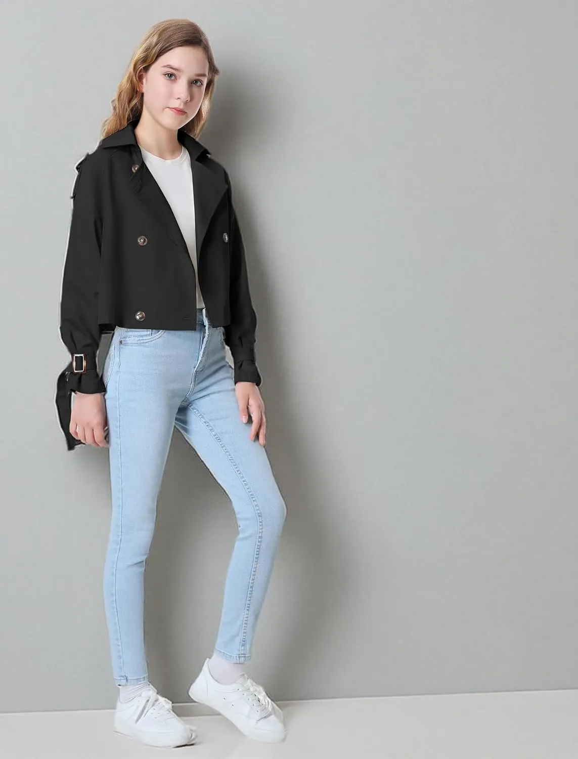 Mebius Girls Trench Coat Cropped/Long Double Breasted Lapel Jacket Long Sleeve Casual Outerwear For Kids 6-12Y