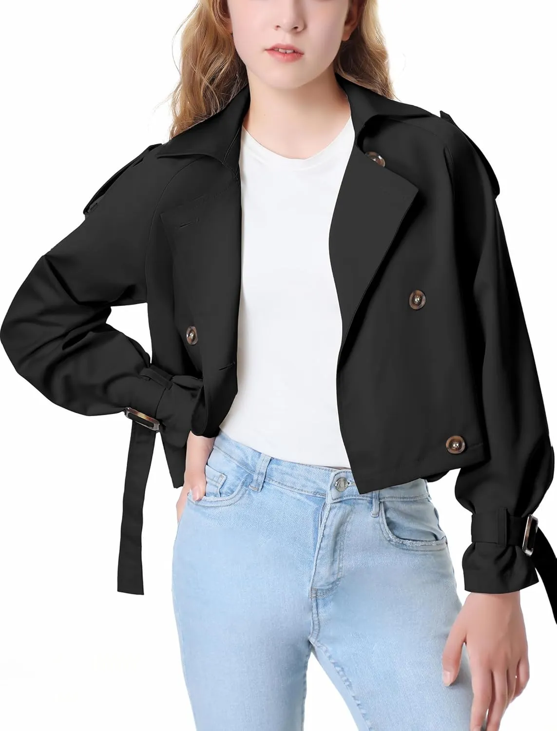 Mebius Girls Trench Coat Cropped/Long Double Breasted Lapel Jacket Long Sleeve Casual Outerwear For Kids 6-12Y