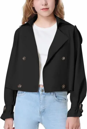 Mebius Girls Trench Coat Cropped/Long Double Breasted Lapel Jacket Long Sleeve Casual Outerwear For Kids 6-12Y