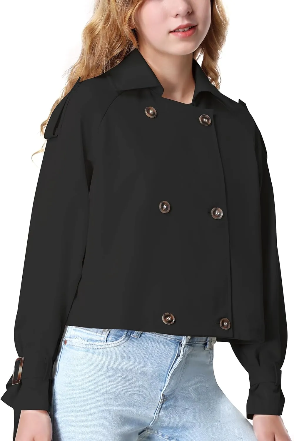 Mebius Girls Trench Coat Cropped/Long Double Breasted Lapel Jacket Long Sleeve Casual Outerwear For Kids 6-12Y
