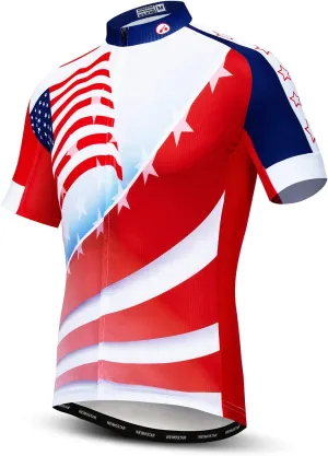 Men Cycling Jersey USA Bike Short Sleeve 3-Pockets Breathable Quick-Dry Shirt Tops S-3XL