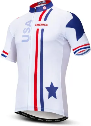 Men Cycling Jersey USA Bike Short Sleeve 3-Pockets Breathable Quick-Dry Shirt Tops S-3XL
