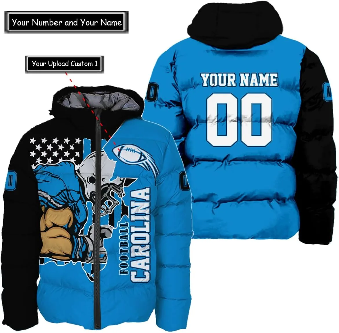 Men Football Custom Puffer Coat Add Any Name Number Lightweight Water-Resistant Winter Windproof Zipper Down Jacket S-5XL