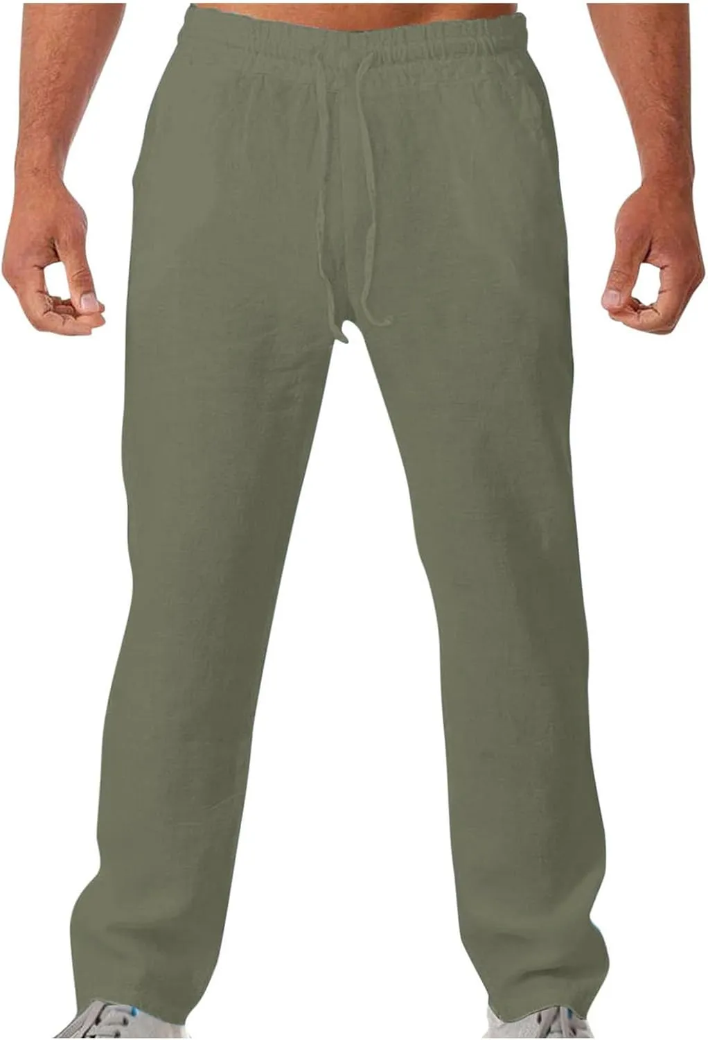 Men Linen Pants Slim Fit Cotton Casual Lightweight Elastic Waist Summer Beach Drawstring Trousers with Pockets