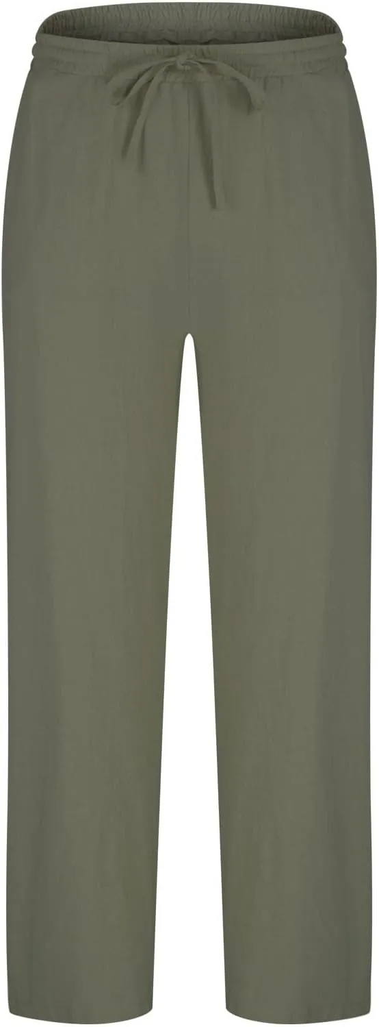 Men Linen Pants Slim Fit Cotton Casual Lightweight Elastic Waist Summer Beach Drawstring Trousers with Pockets