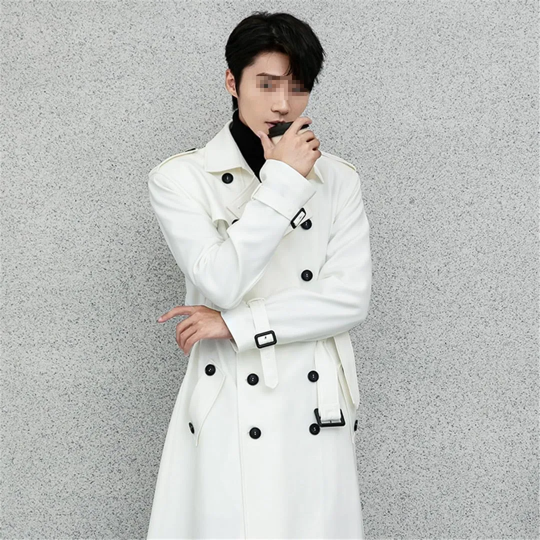 Men Spring Autumn Trench Coat White Casual Double Breasted Turn Down Collar Outwear