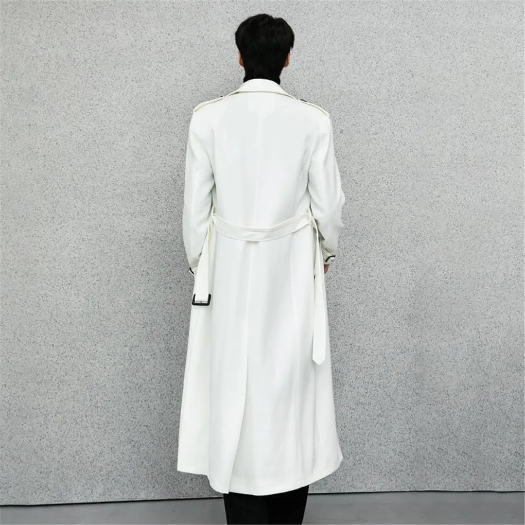 Men Spring Autumn Trench Coat White Casual Double Breasted Turn Down Collar Outwear