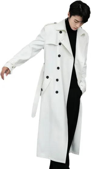 Men Spring Autumn Trench Coat White Casual Double Breasted Turn Down Collar Outwear
