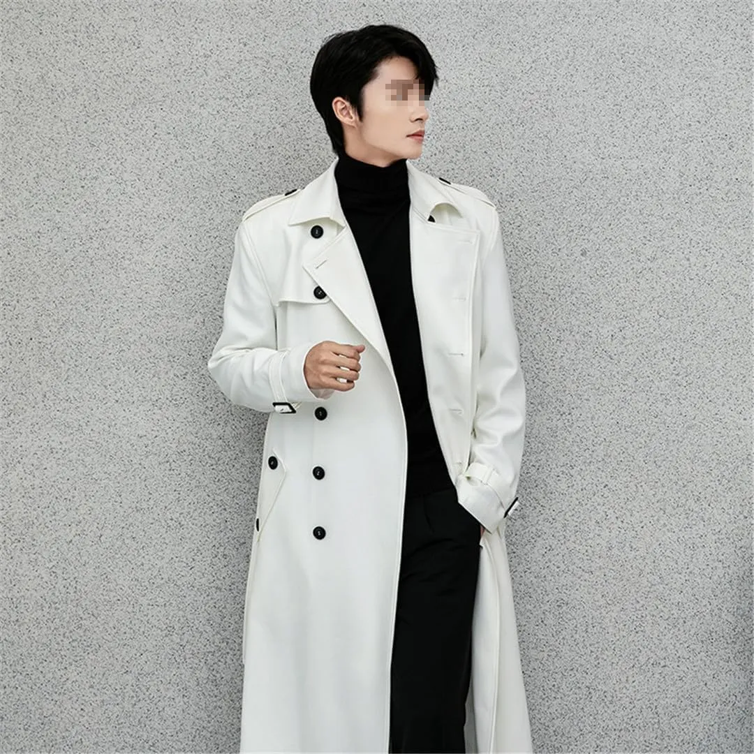 Men Spring Autumn Trench Coat White Casual Double Breasted Turn Down Collar Outwear