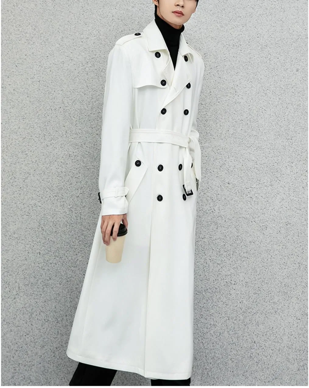 Men Spring Autumn Trench Coat White Casual Double Breasted Turn Down Collar Outwear