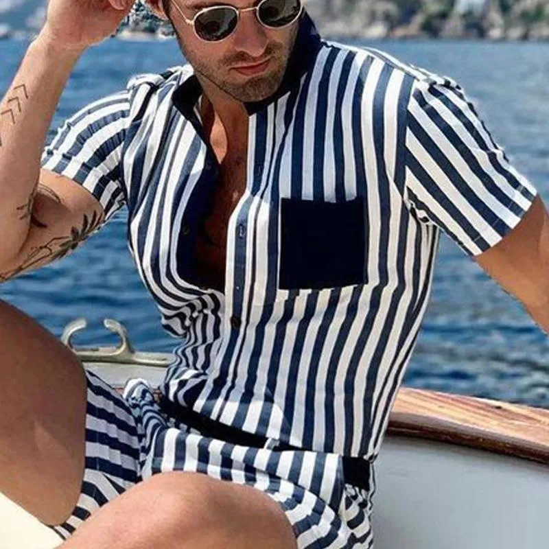Men Striped Printed Short Sleeves Suits