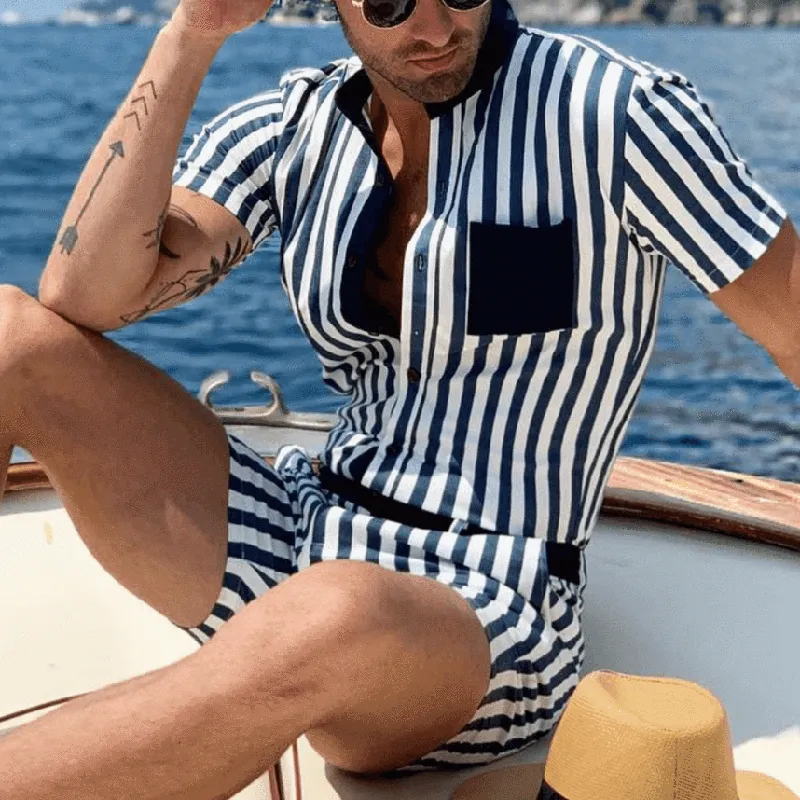 Men Striped Printed Short Sleeves Suits
