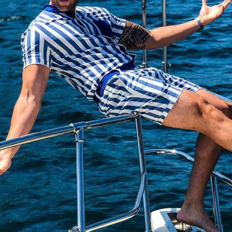 Men Striped Printed Short Sleeves Suits