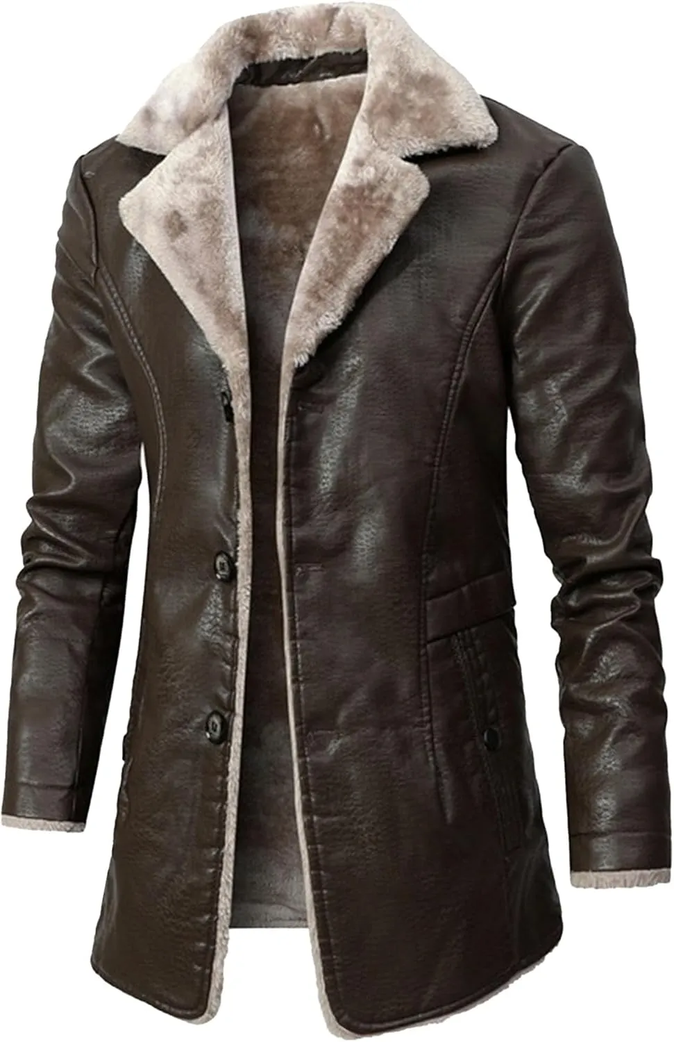Men Warm Winter Long PU Leather Jacket Long Faux Sheepskin Coats Cotton-Padded Warmth Soft Winter Jackets (Brown,XX-Large)