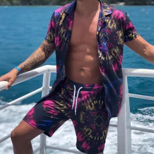 Men's Beach Print Short Sleeve Two-piece Suit