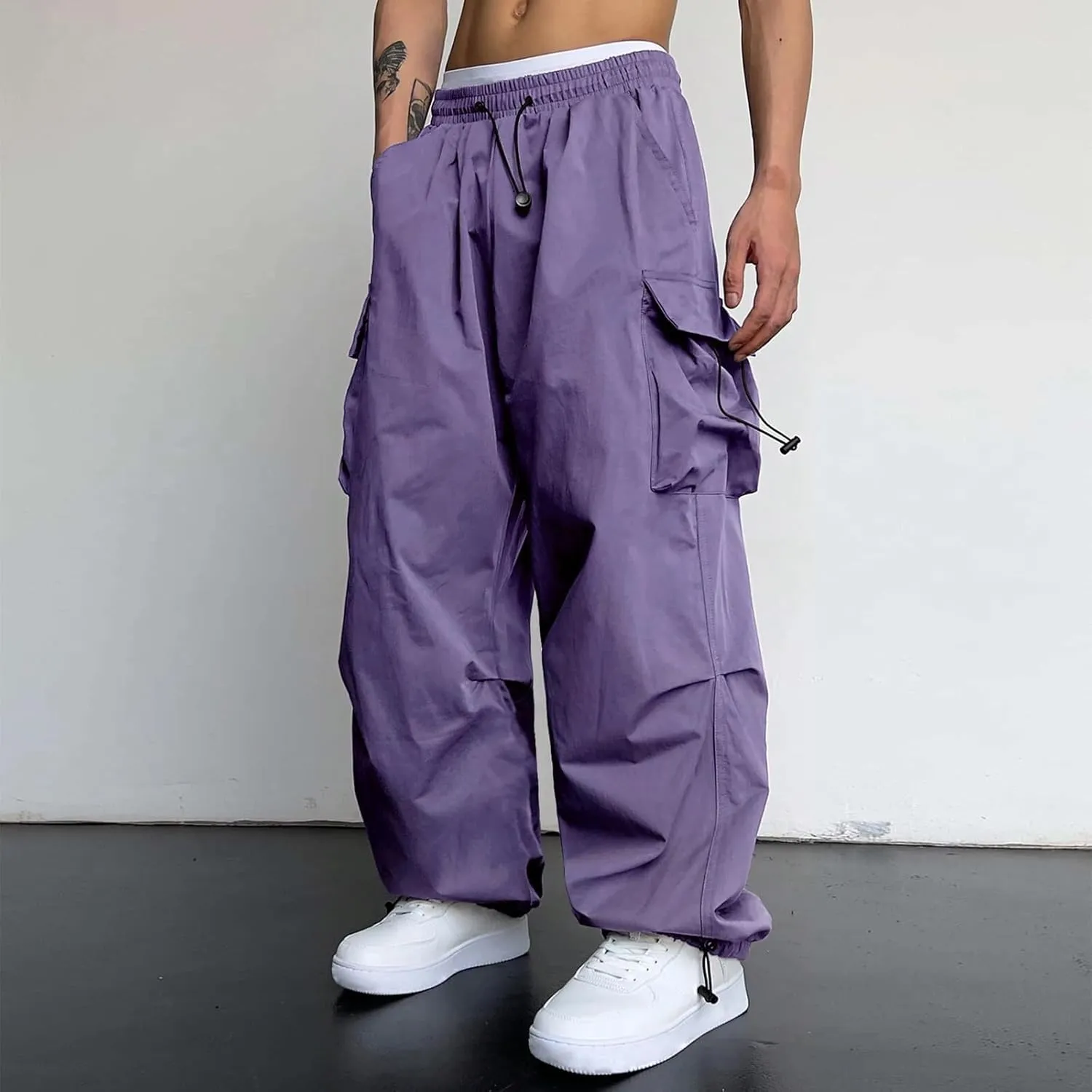 Mens Cargo Casual Pants Drawstring Loose Fit Athletic Jogger Sports Elastic Waist Outdoor Trousers Parachute Pant
