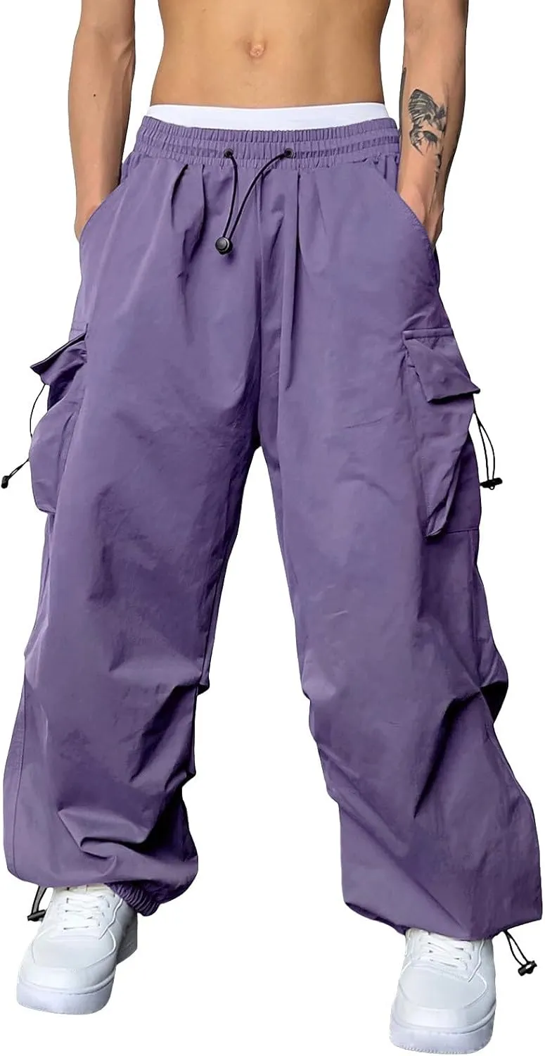 Mens Cargo Casual Pants Drawstring Loose Fit Athletic Jogger Sports Elastic Waist Outdoor Trousers Parachute Pant