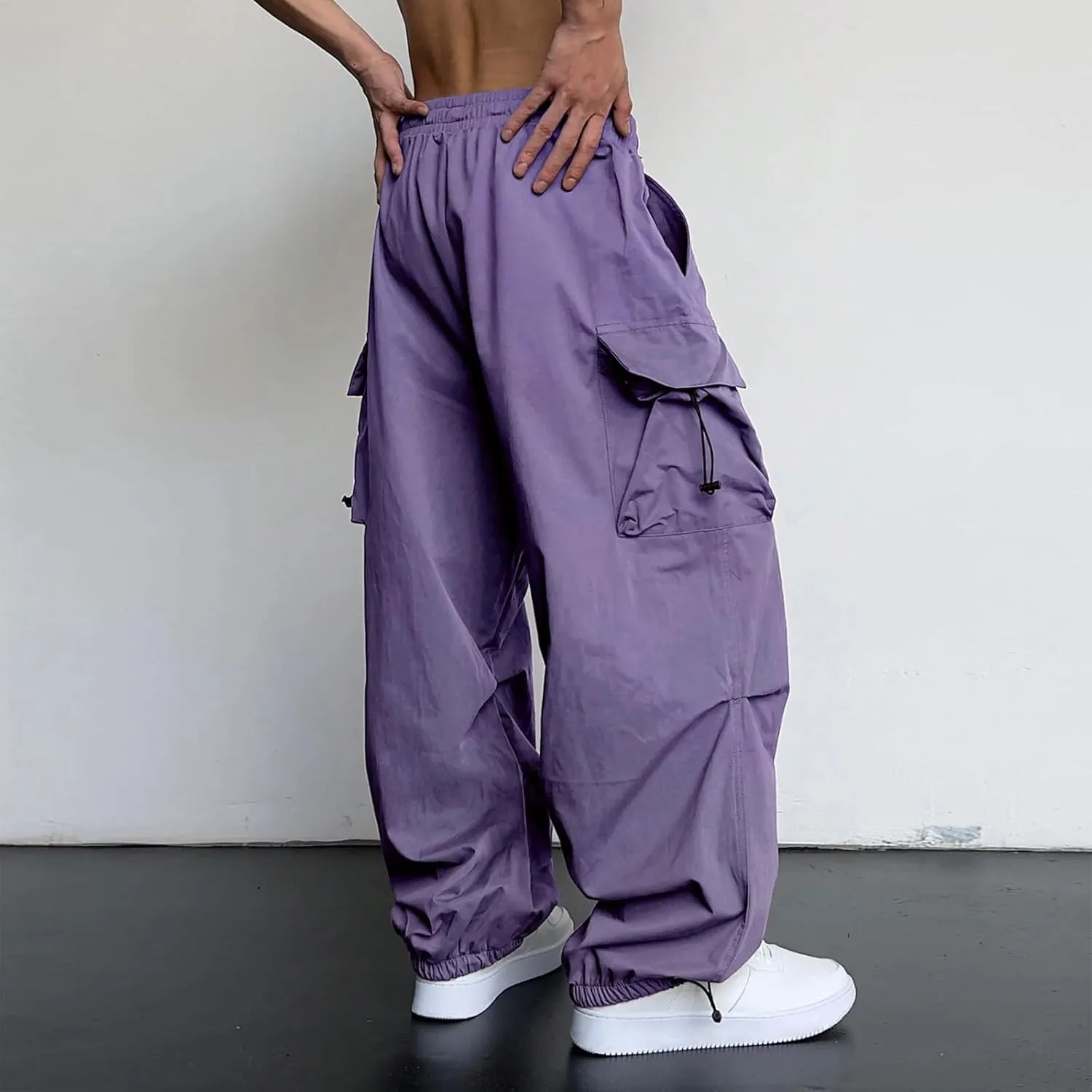 Mens Cargo Casual Pants Drawstring Loose Fit Athletic Jogger Sports Elastic Waist Outdoor Trousers Parachute Pant