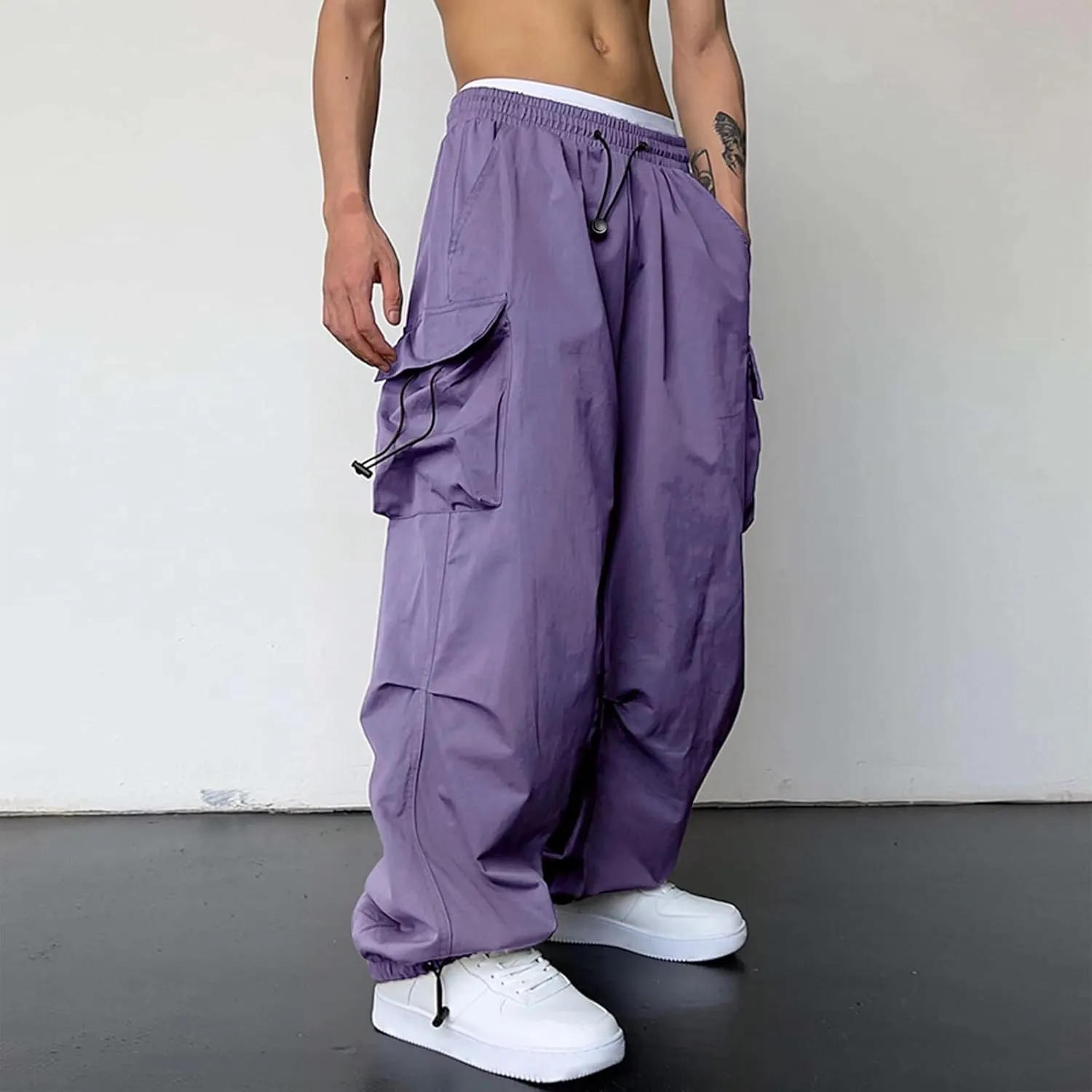 Mens Cargo Casual Pants Drawstring Loose Fit Athletic Jogger Sports Elastic Waist Outdoor Trousers Parachute Pant