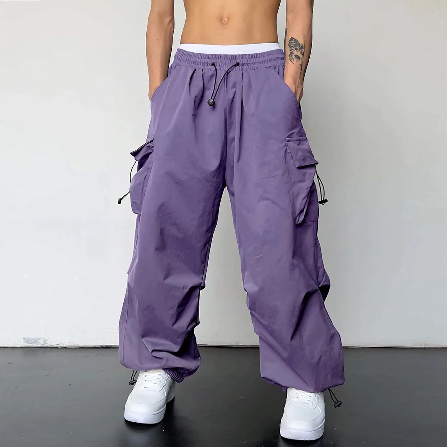 Mens Cargo Casual Pants Drawstring Loose Fit Athletic Jogger Sports Elastic Waist Outdoor Trousers Parachute Pant
