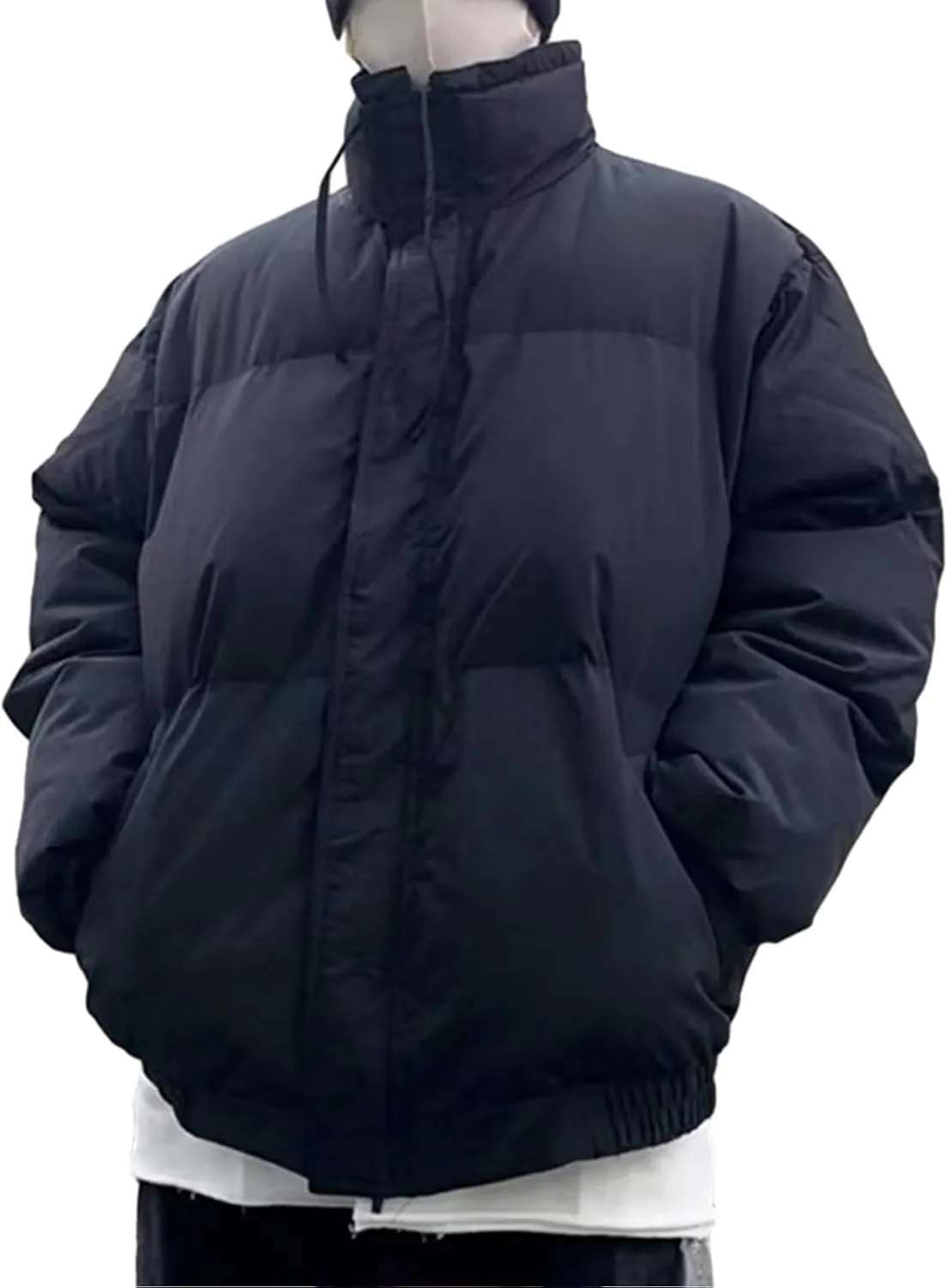 Men's Cotton Padded Jacket Windproof Winter Coat Warm Thicken Casual Outerwear with High Collar and Velcro Design