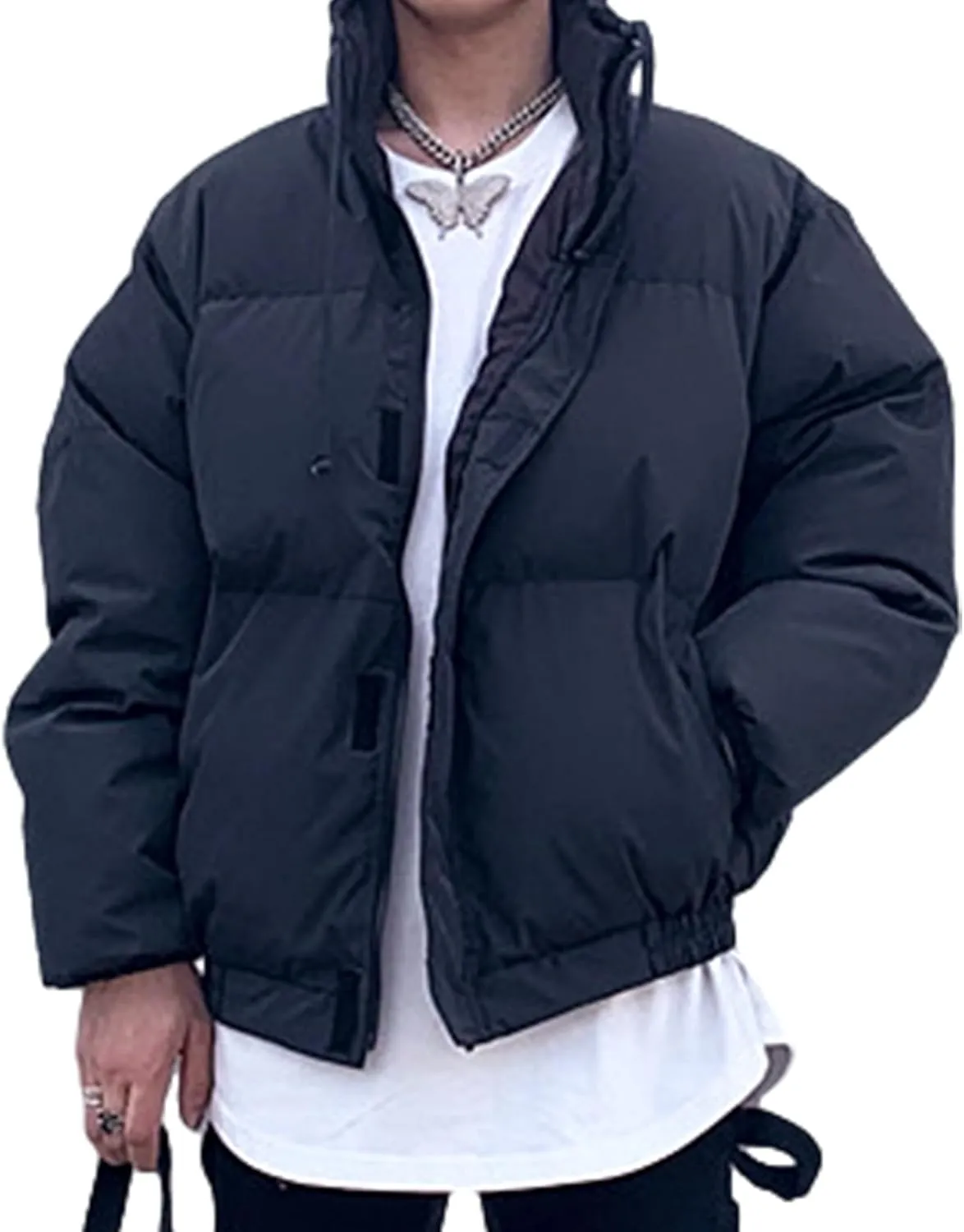 Men's Cotton Padded Jacket Windproof Winter Coat Warm Thicken Casual Outerwear with High Collar and Velcro Design