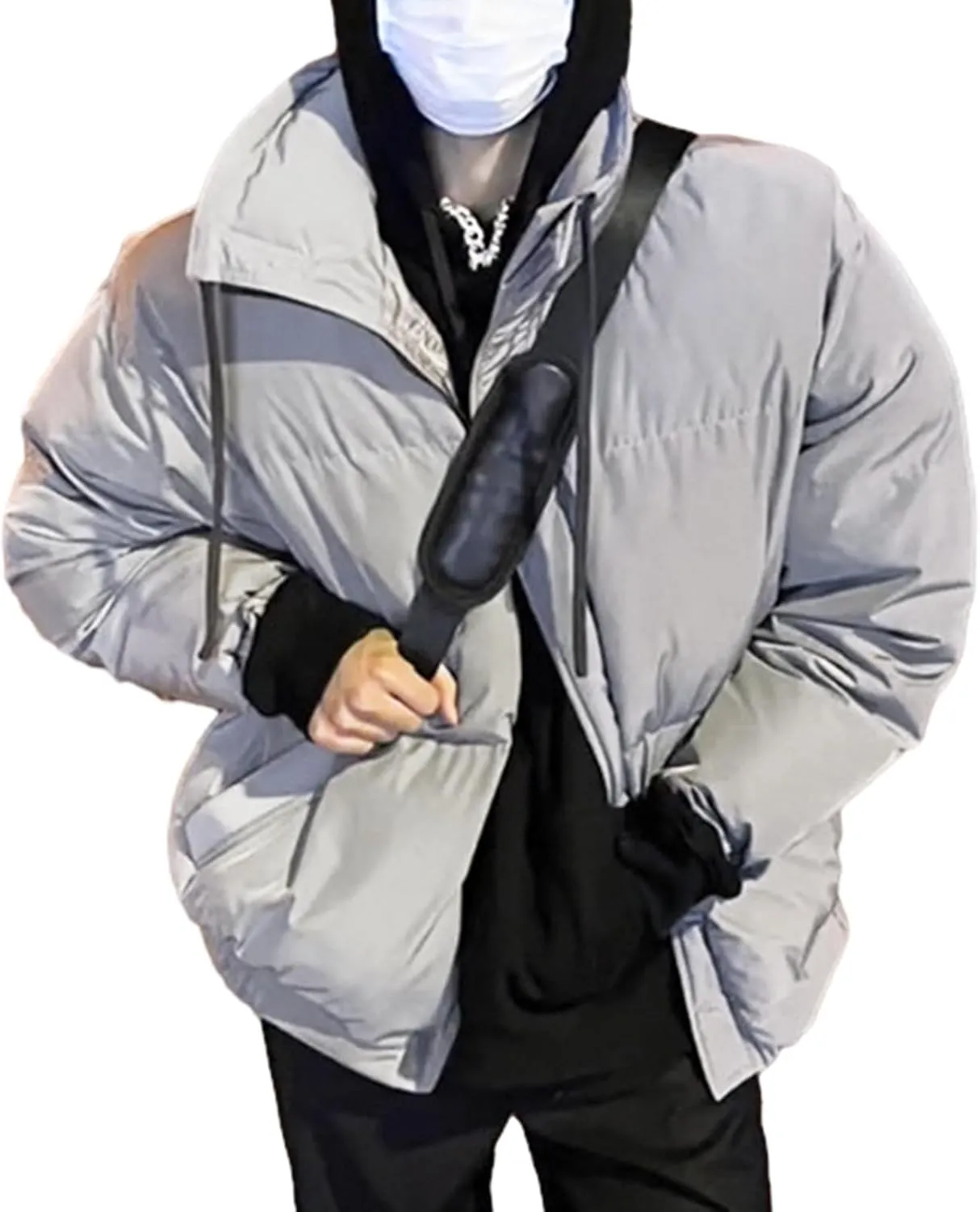 Men's Cotton Padded Jacket Windproof Winter Coat Warm Thicken Casual Outerwear with High Collar and Velcro Design