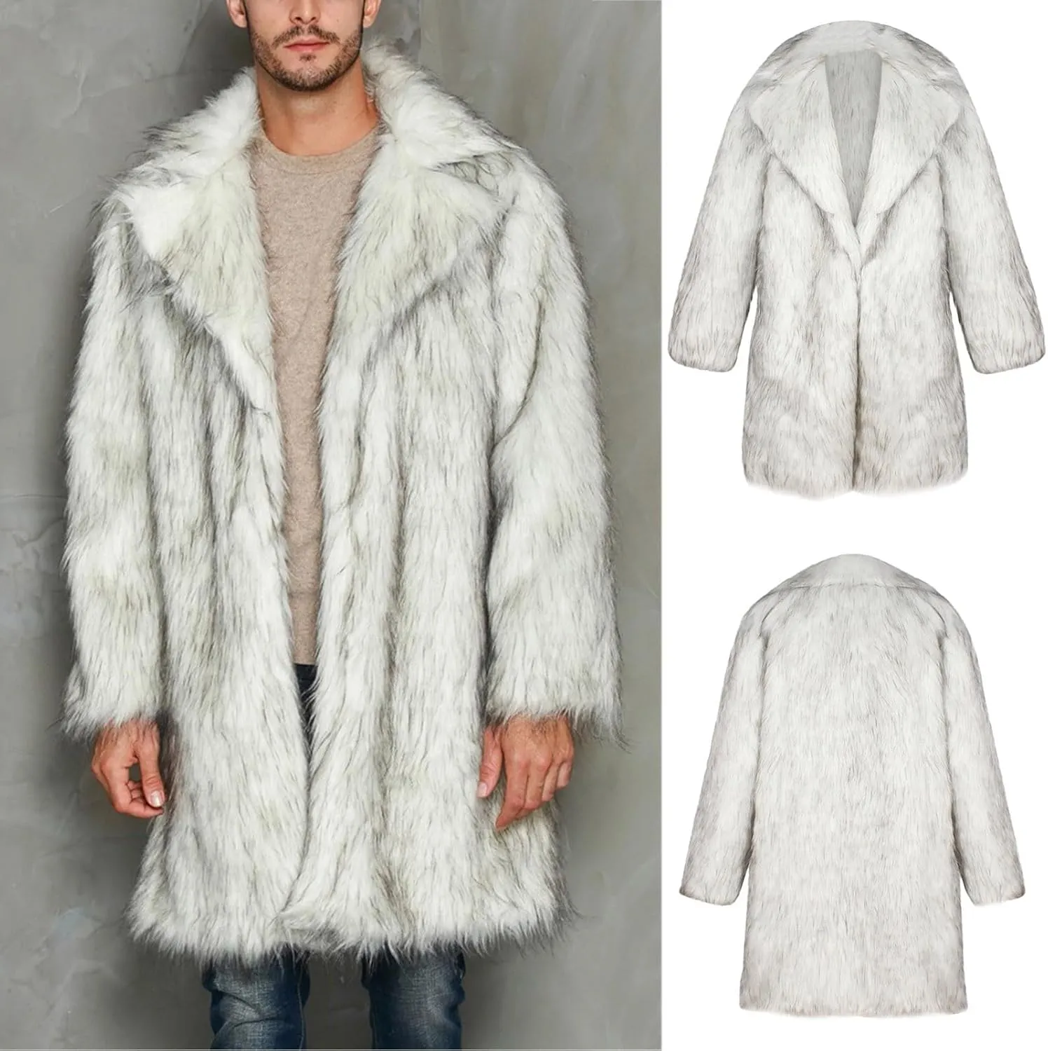 Men's Faux Fur Coat Open Front Thicken Warm Winter Overcoat Luxury Fluffy Soft Lapel Long Jackets Parka Outwear