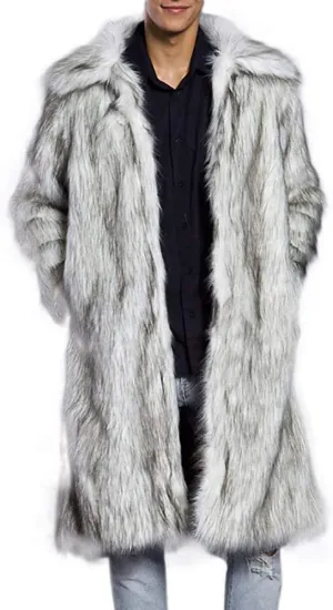 Men's Faux Fur Coat Open Front Thicken Warm Winter Overcoat Luxury Fluffy Soft Lapel Long Jackets Parka Outwear