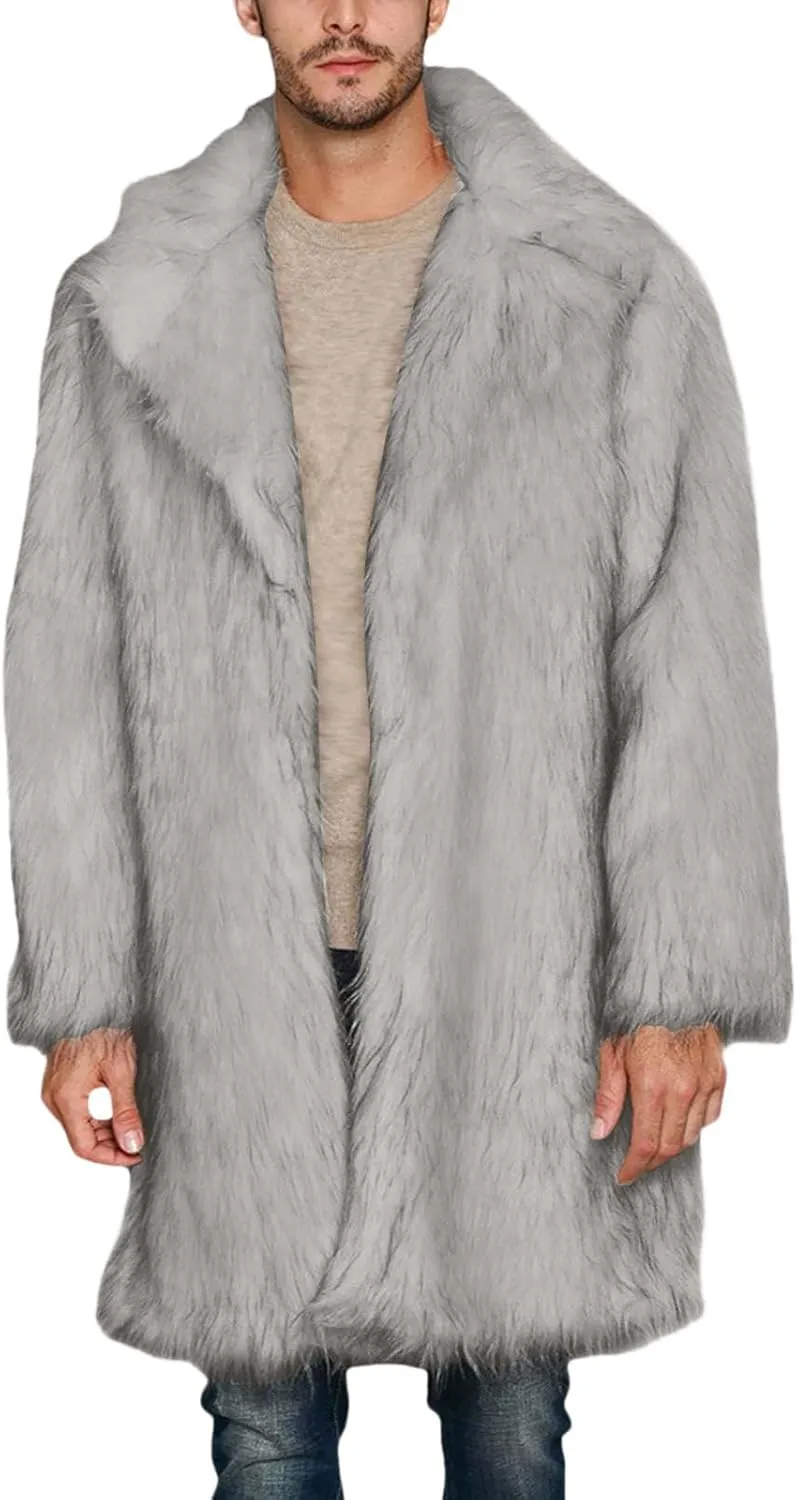 Men's Faux Fur Coat Open Front Thicken Warm Winter Overcoat Luxury Fluffy Soft Lapel Long Jackets Parka Outwear
