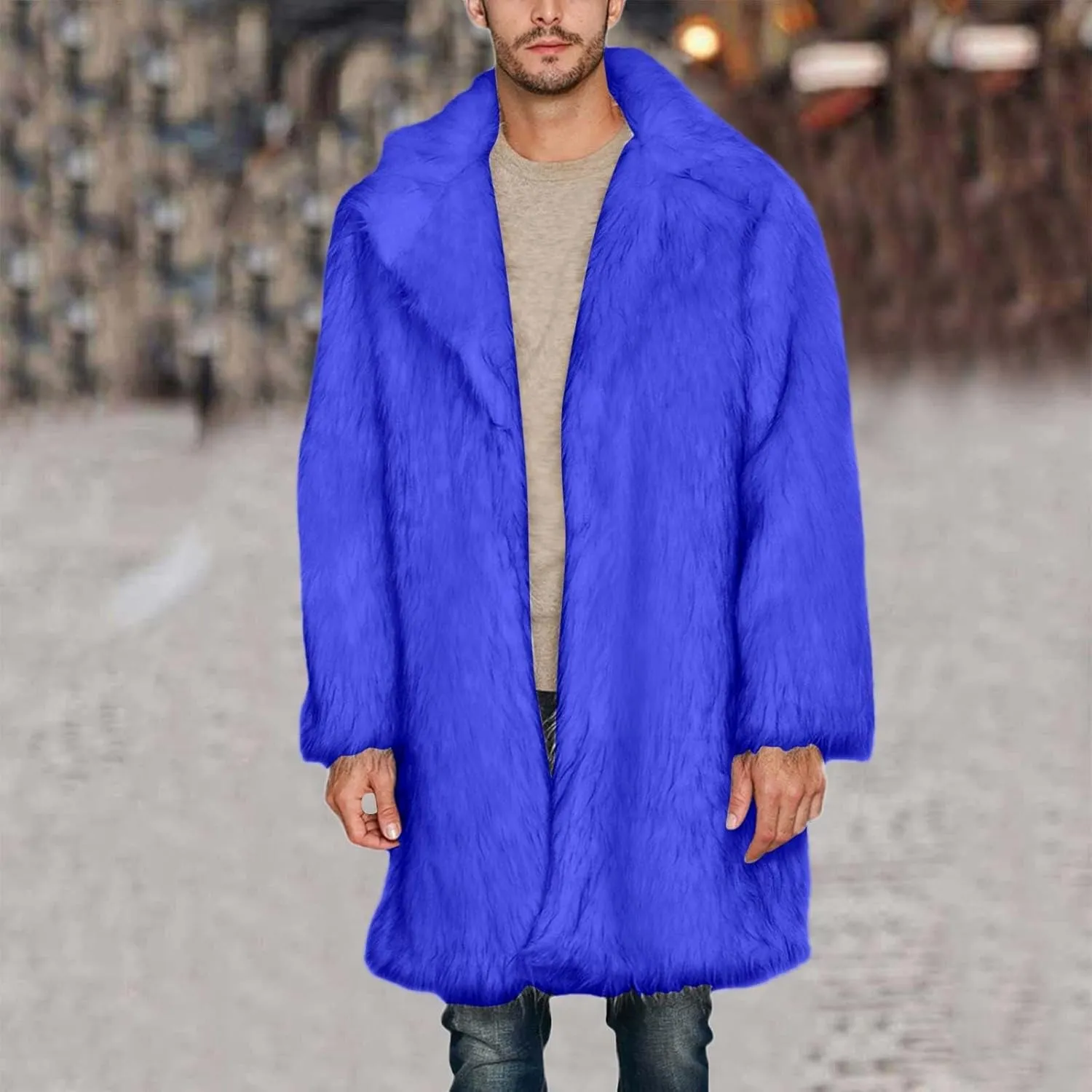 Men's Faux Fur Coat Open Front Thicken Warm Winter Overcoat Luxury Fluffy Soft Lapel Long Jackets Parka Outwear