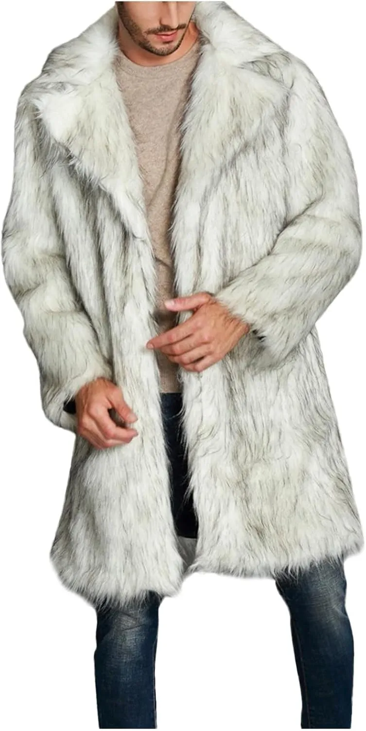Men's Faux Fur Coat Open Front Thicken Warm Winter Overcoat Luxury Fluffy Soft Lapel Long Jackets Parka Outwear