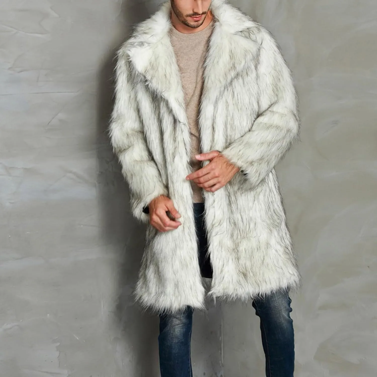 Men's Faux Fur Coat Open Front Thicken Warm Winter Overcoat Luxury Fluffy Soft Lapel Long Jackets Parka Outwear